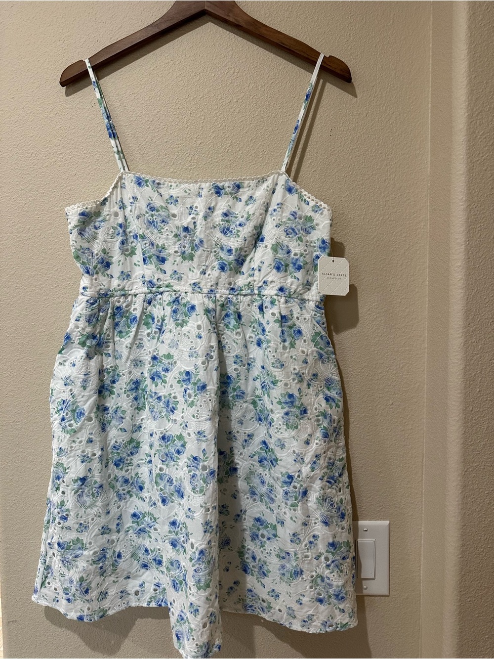Altar'd State White Eyelet Dress with Blue and Green Floral Print